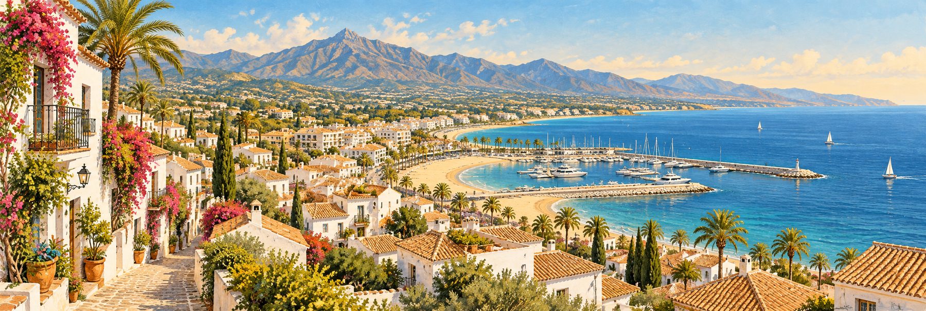 Die Costa del Sol von oben — weiße Dörfer, der Jachthafen und die Berge