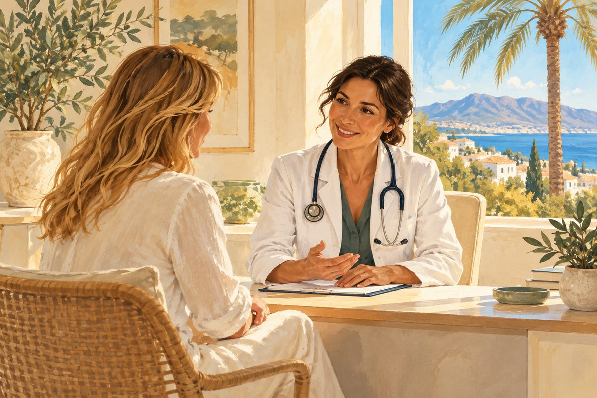 Eine Ärztin im Gespräch mit einer Patientin in einer hellen Praxis